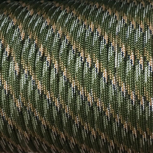 Close-up of camouflage-patterned paracord with green, brown, and black colors.