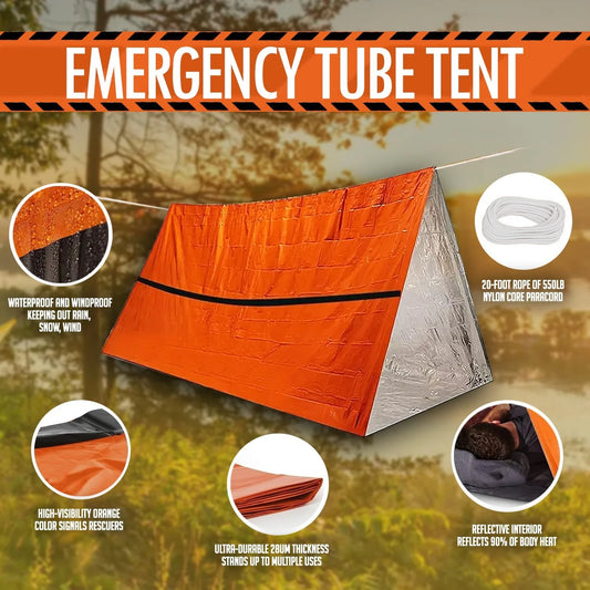 Emergency tube tent with features highlighted on a natural background