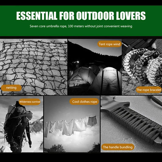 Collage of different outdoor uses for paracord: netting, tent rope, paracord bracelet, clothes line, handle bundling on knife grip