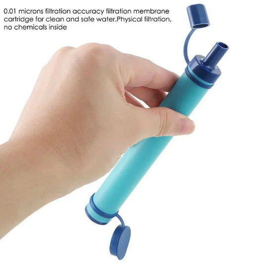 Hand holding a blue water filtration device with text about filtration accuracy and safety.