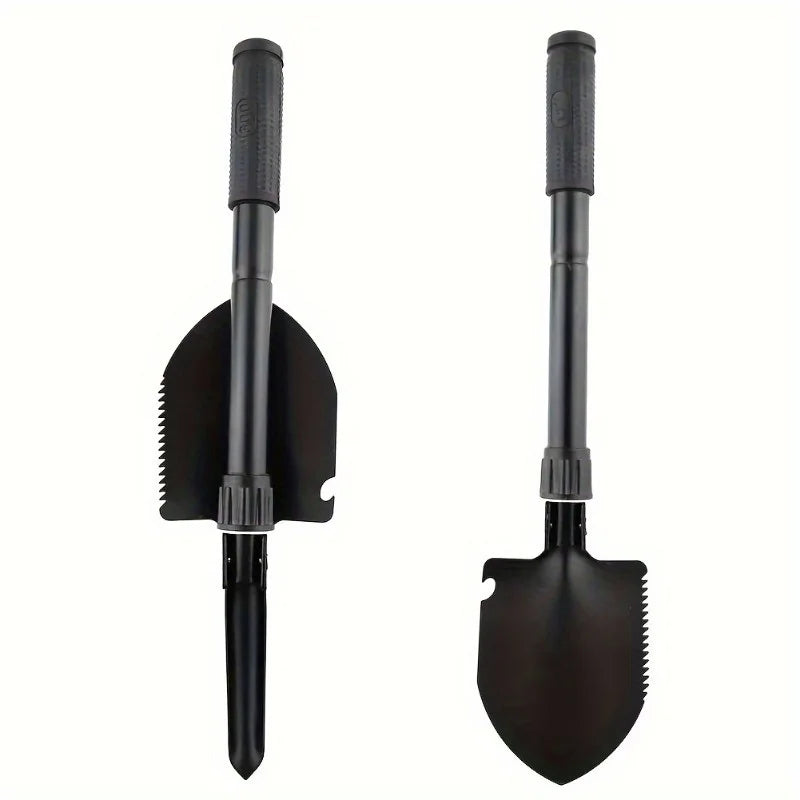 Two black compact tactical spade with metal handle and serrated edge with white background