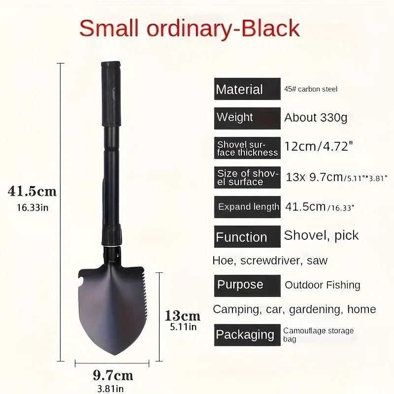Black folding camping survival shovel with specifications on a white background