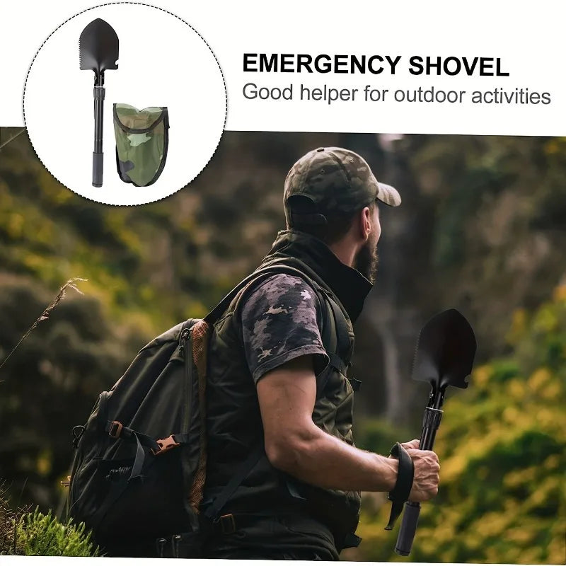 Person holding an emergency shovel with a backpack, set against a natural background.
