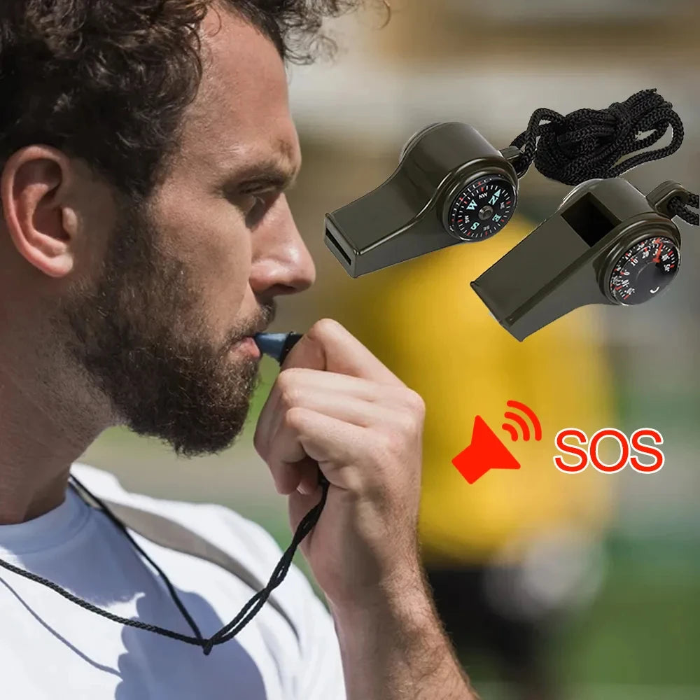 Man blowing a whistle with an SOS symbol overlay, featuring two whistles.
