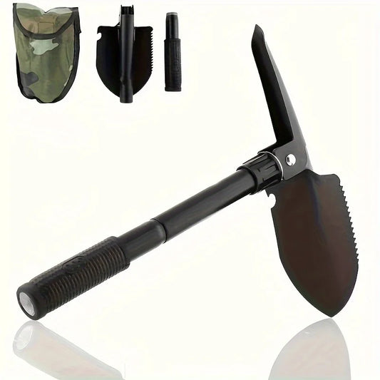 Foldable survival tactical shovel with accessories on a white background
