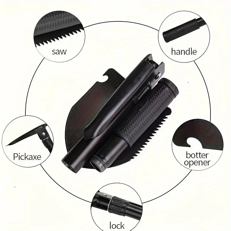 Black multi-tool shovel spade with various attachments labeled on a white background. Showing lock, bottle opener, pickaxe, handle and saw.