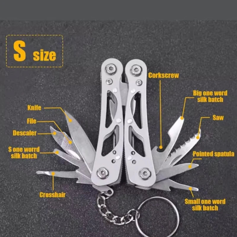 Multitool keychain with labeled components on a dark background