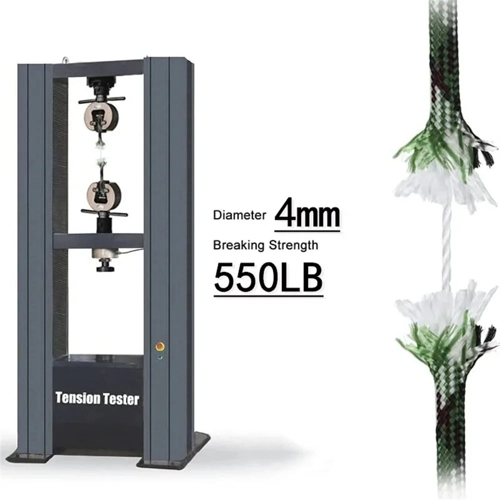 Tension test with a sample of paracord being tested. Indicating diameter of 4mm and breaking strength weight of 550lb