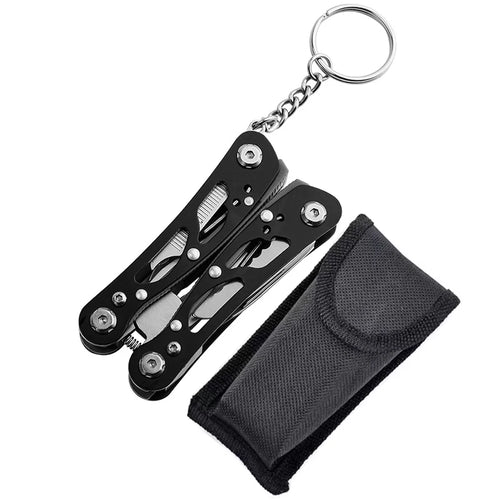 Multitool keychain with black pouch on a white background