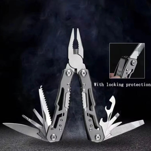 Multitool with various tools on a dark background