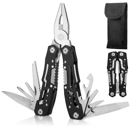 Multitool with various tools and a black sheath on a white background