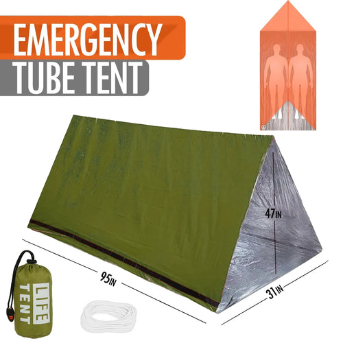 Green emergency tube tent with dimensions and packaging on a white background