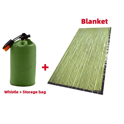Green blanket with a whistle and storage bag on a white background