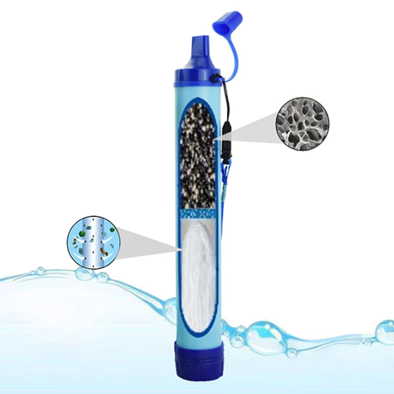 Blue water filter straw with detailed illustration of filtration process on a white background