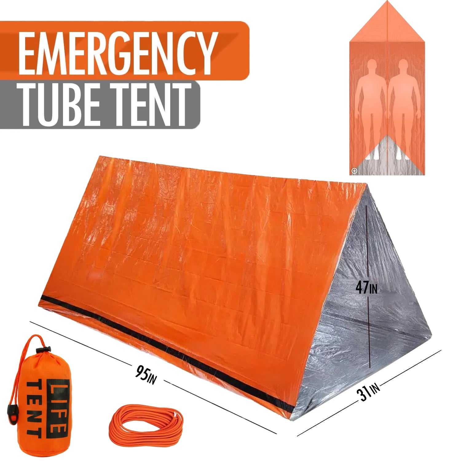 Emergency tube tent with orange and silver design, including dimensions and accessories on a white background.