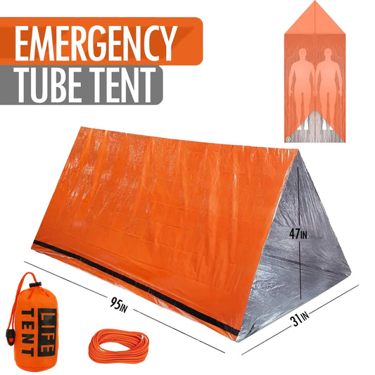 Emergency tube tent with orange and silver design, including dimensions and accessories on a white background.