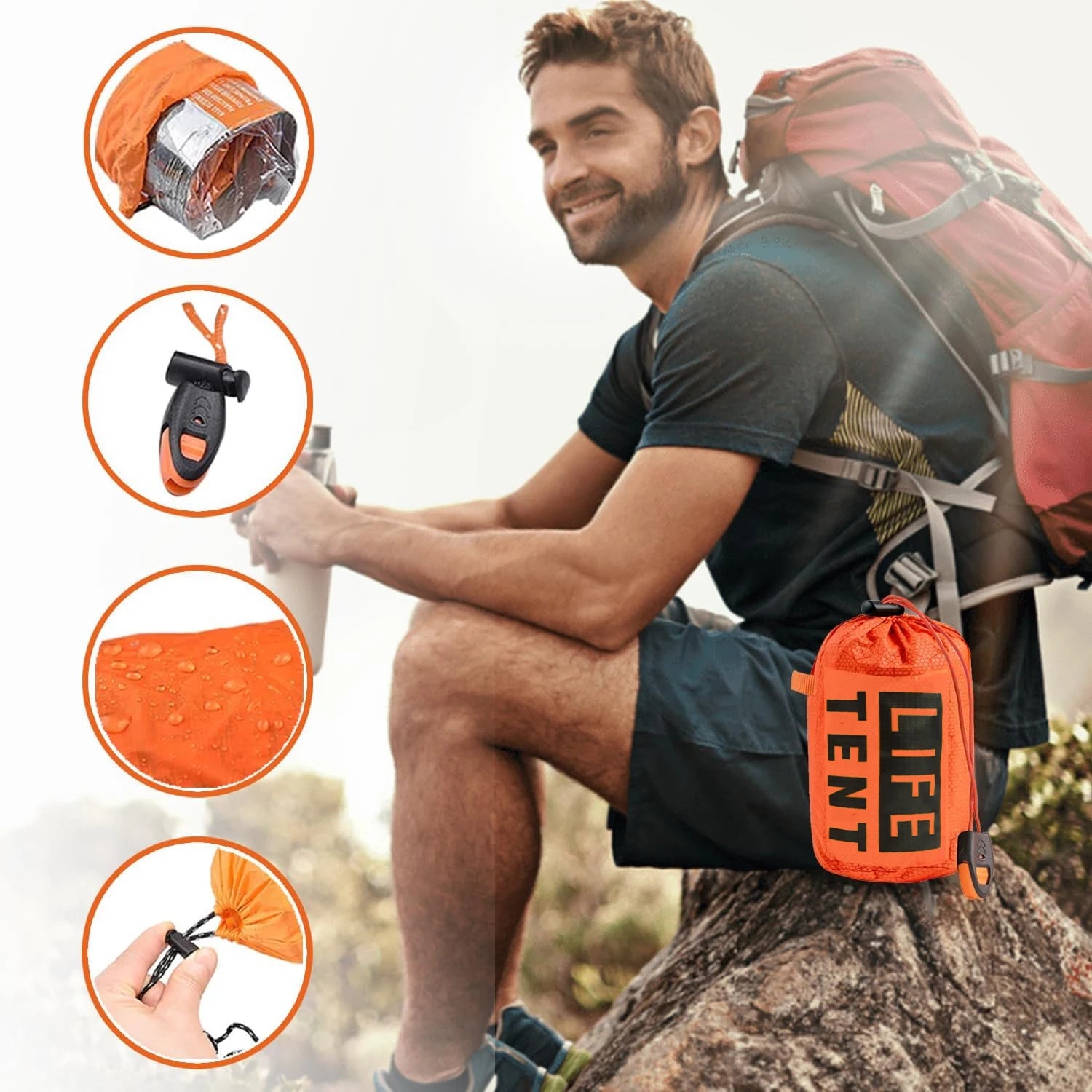 Man sitting on a tree stump with an orange 'LIFE TENT' product attached, surrounded by close-up insets of product features.