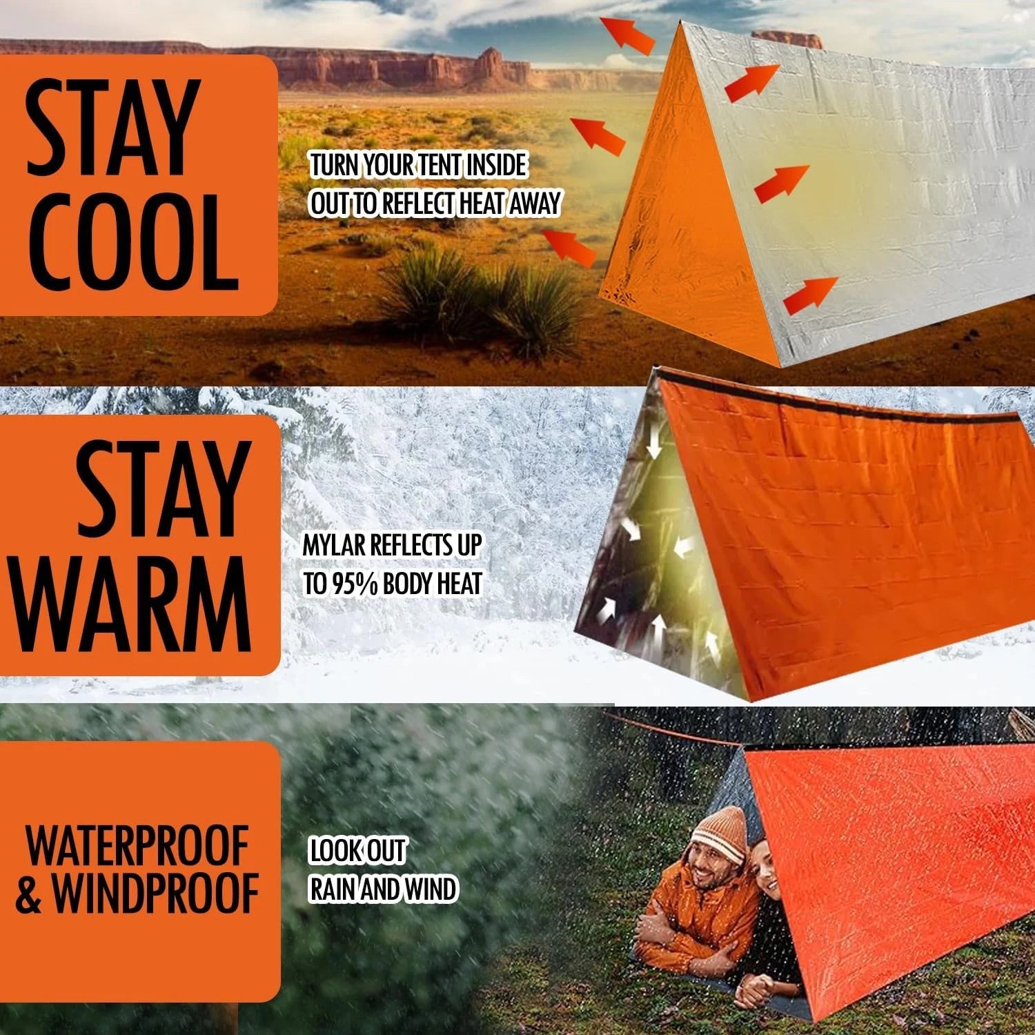 Orange tent with text highlighting features like cooling, warmth, and protection from weather.