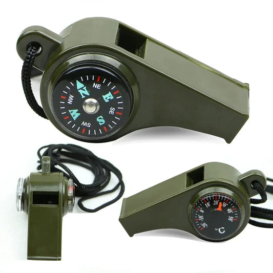 3-in-1 survival whistle with compass and thermometer on keyring