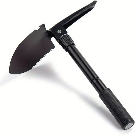 Black folding survival shovel fully extended on white background