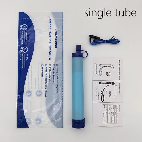 Personal water filter straw with packaging and instructions on a white background
