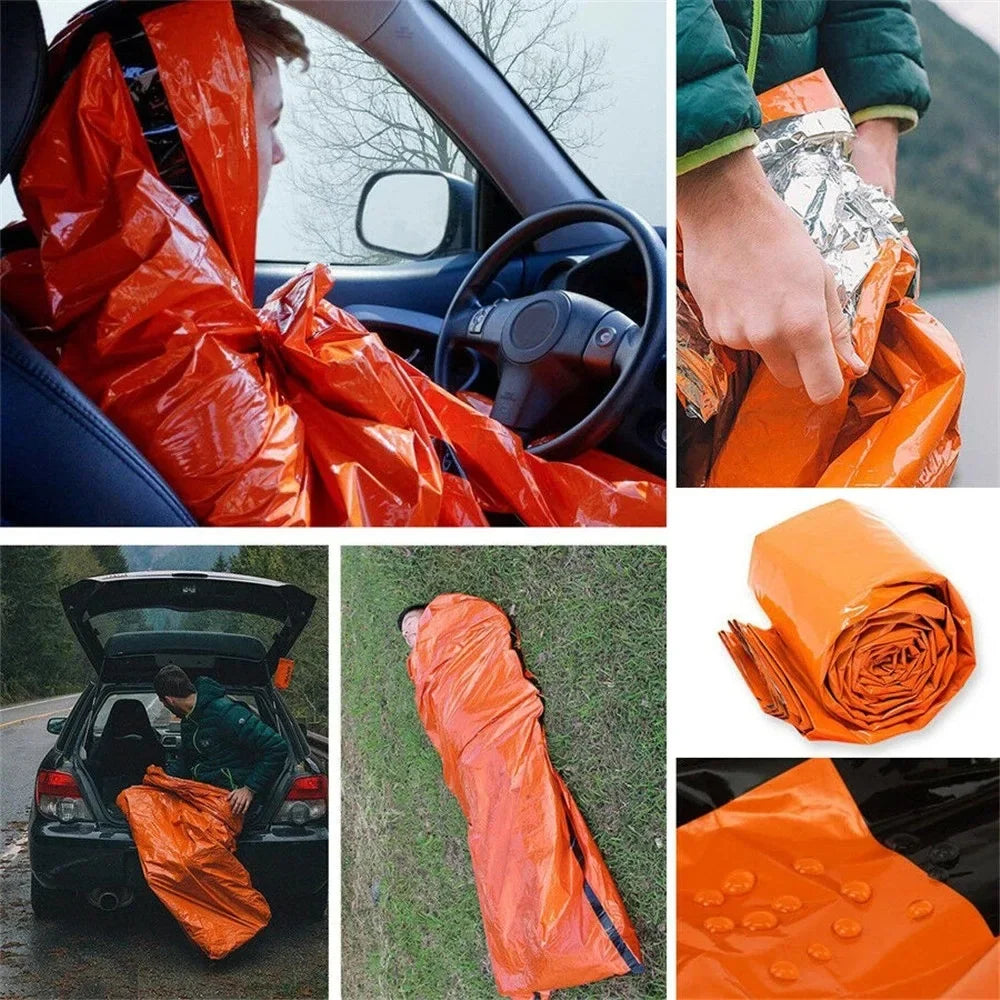 Collage of orange emergency blanket being used in various scenarios, including inside a car and outdoors.