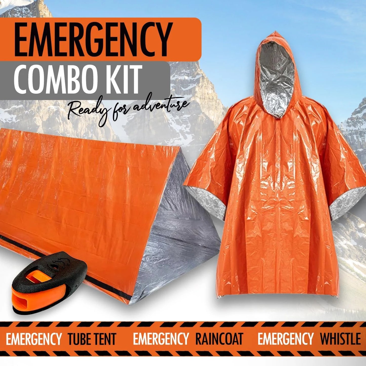 Emergency combo kit with orange raincoat, tube tent, and whistle against a mountainous background.