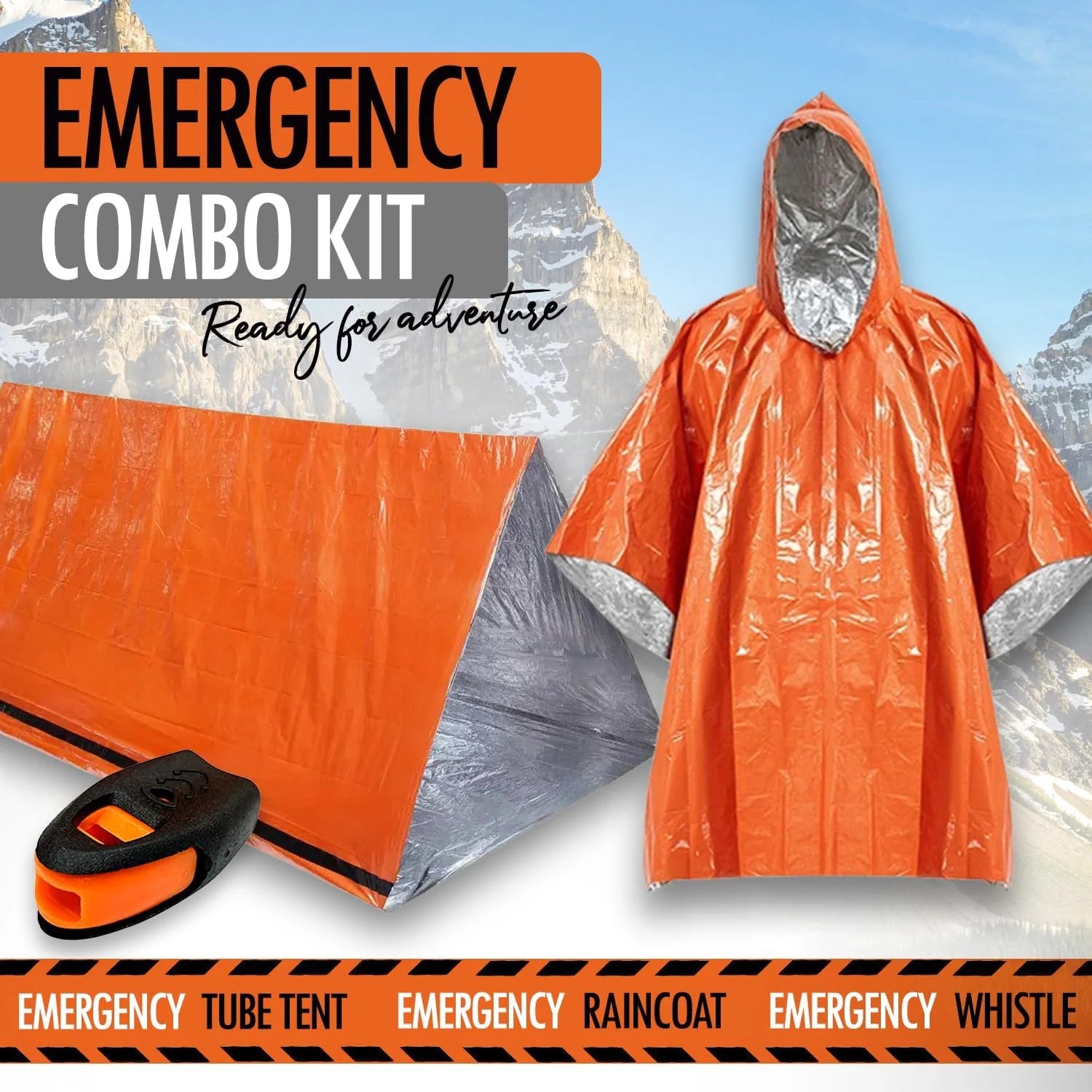 Emergency combo kit with orange raincoat, tube tent, and whistle against a mountainous background.
