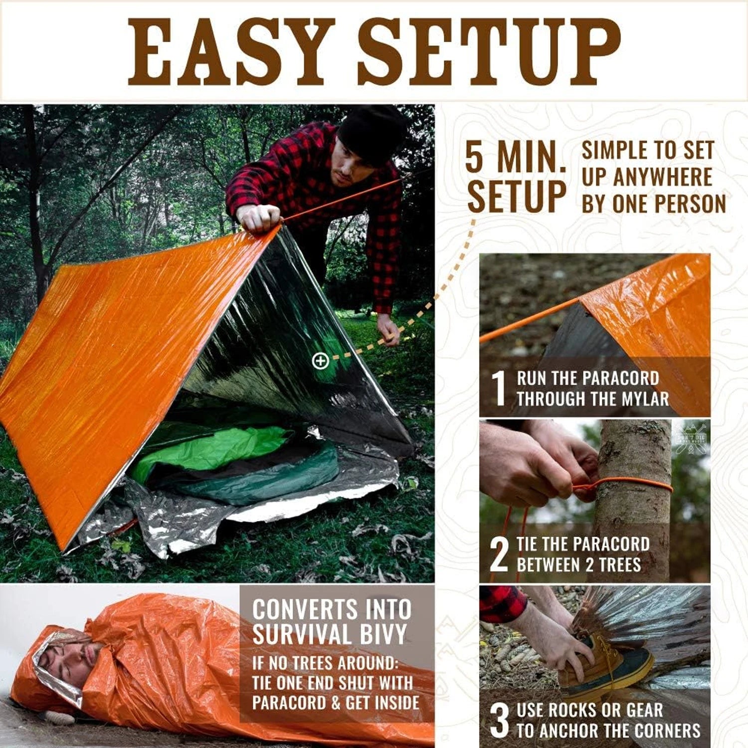 Camping shelter with instructions on easy setup and conversion to a survival bivy.