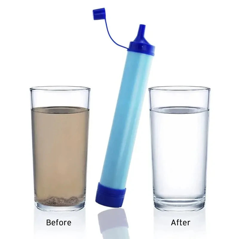 Water filter pen before and after use with glasses of water on a white background