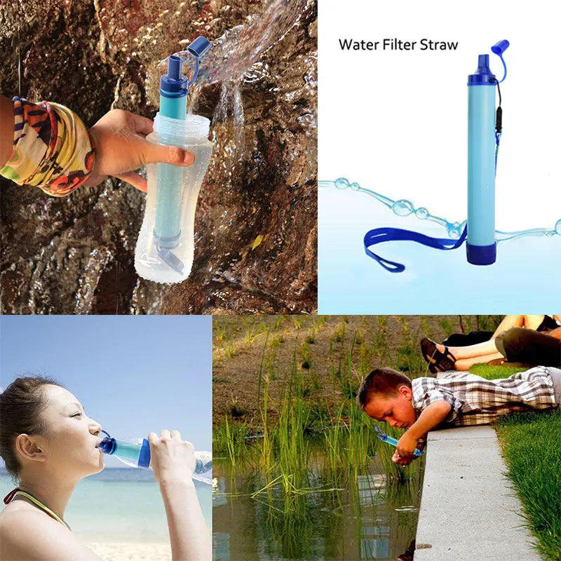 Collage of a water filter straw being used, close-up of the straw, and people using it outdoors.