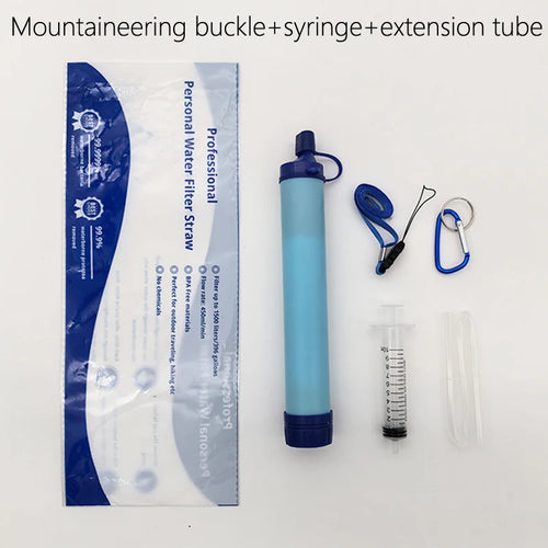 Mountaineering buckle, syringe, extension tube, and water filter straw on a white background