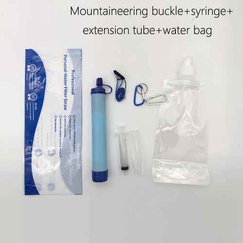 Mountaineering buckle, syringe, extension tube, and water bag on a white background