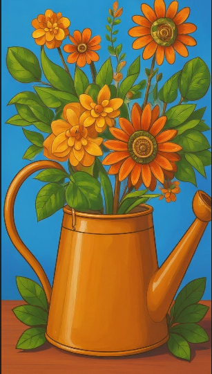 Example of finished coloring page: Brown watering can with orange and yellow flowers against a blue background